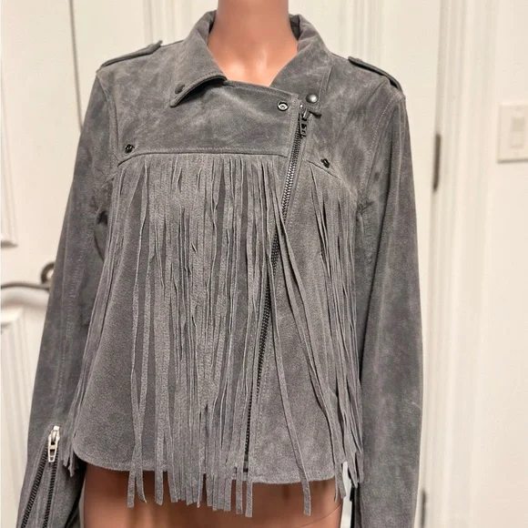 BlankNYC Gray Suede Fringe Leather Jacket - Picture 1 of 7